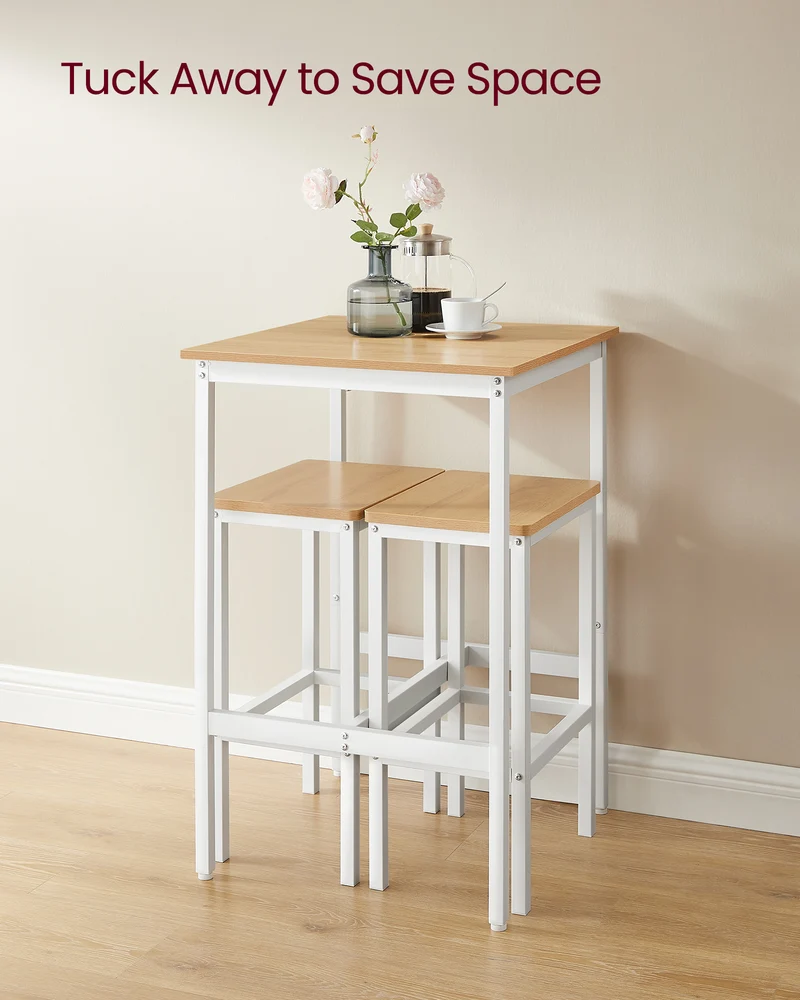 Bar Table and Chairs Set, Square Table with 2 Stools, Dining Pub Set for 2, Space Saving for Kitchen Breakfast, Living Room, Party Room, Golden Oak and Cloud White