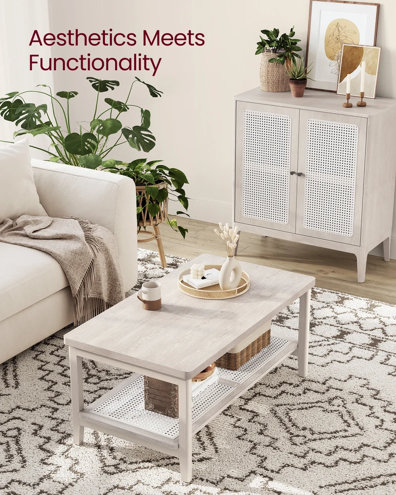 2-Tier Coffee Table for Living Room, Rectangular Living Room Table, with PVC Rattan Storage Shelf, Rounded Corners, Easy Assembly, Boho Style, 21.7 x 39.4 x 17.7 Inches, Oatmeal Beige