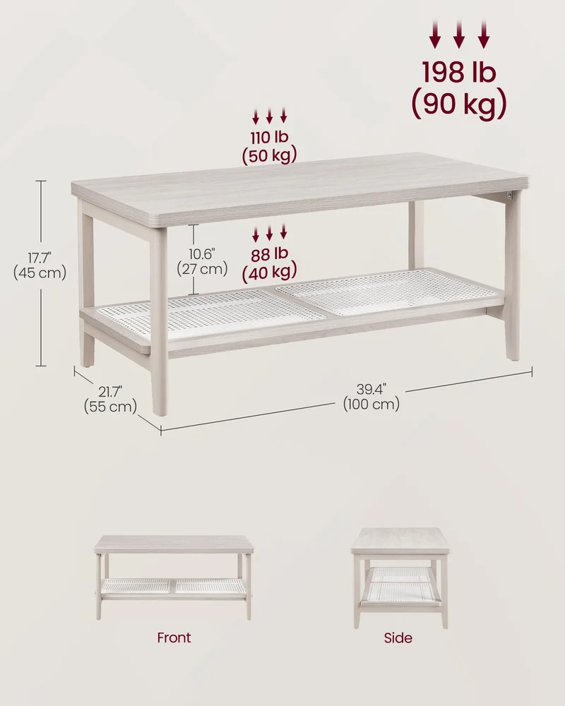2-Tier Coffee Table for Living Room, Rectangular Living Room Table, with PVC Rattan Storage Shelf, Rounded Corners, Easy Assembly, Boho Style, 21.7 x 39.4 x 17.7 Inches, Oatmeal Beige