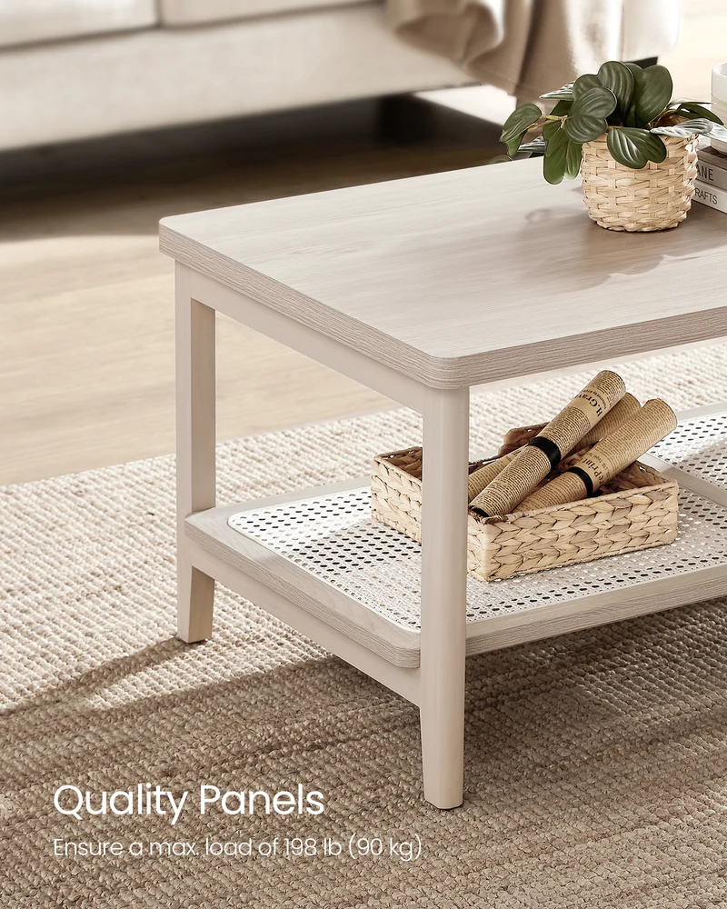 2-Tier Coffee Table for Living Room, Rectangular Living Room Table, with PVC Rattan Storage Shelf, Rounded Corners, Easy Assembly, Boho Style, 21.7 x 39.4 x 17.7 Inches, Oatmeal Beige