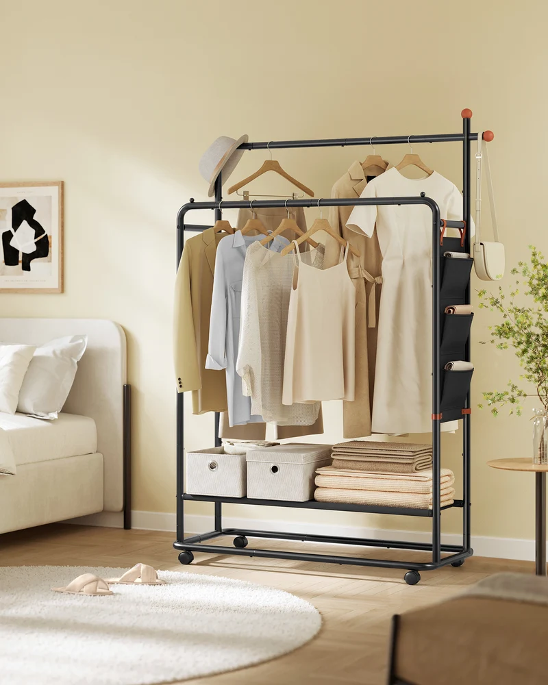 Double-Rod Clothes Rack, Clothing Rack on Wheels, Portable Garment Rack, with 2 Clothes Hanging Rails, Fabric Shelf and Storage Bag, Matchstick-Shaped Hooks, Ink Black