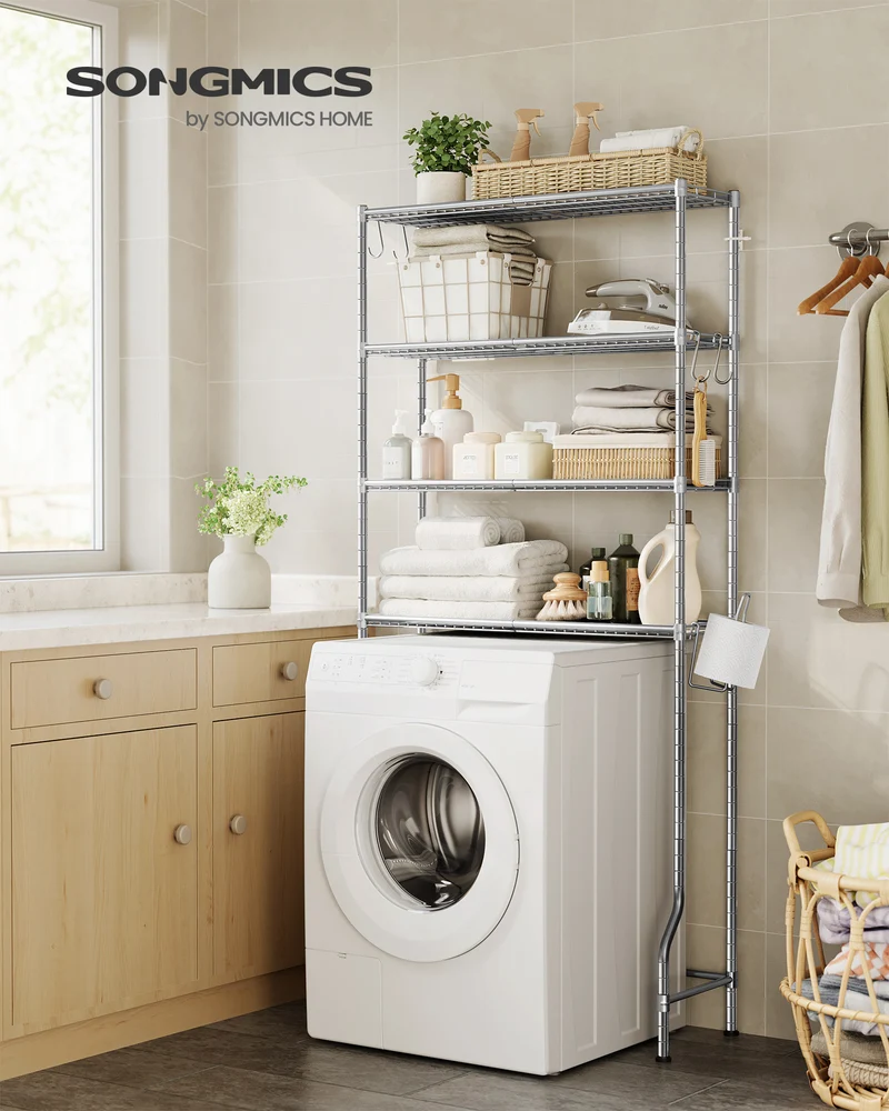 4 Tier Over The Toilet Storage, Metal Storage Rack, Adjustable Shelves, 4 Hooks, Roll Holder, Space-Saving Bathroom Storage Shelf Organizer, 11.8 x 32.7 x 69.3 Inches, Silver