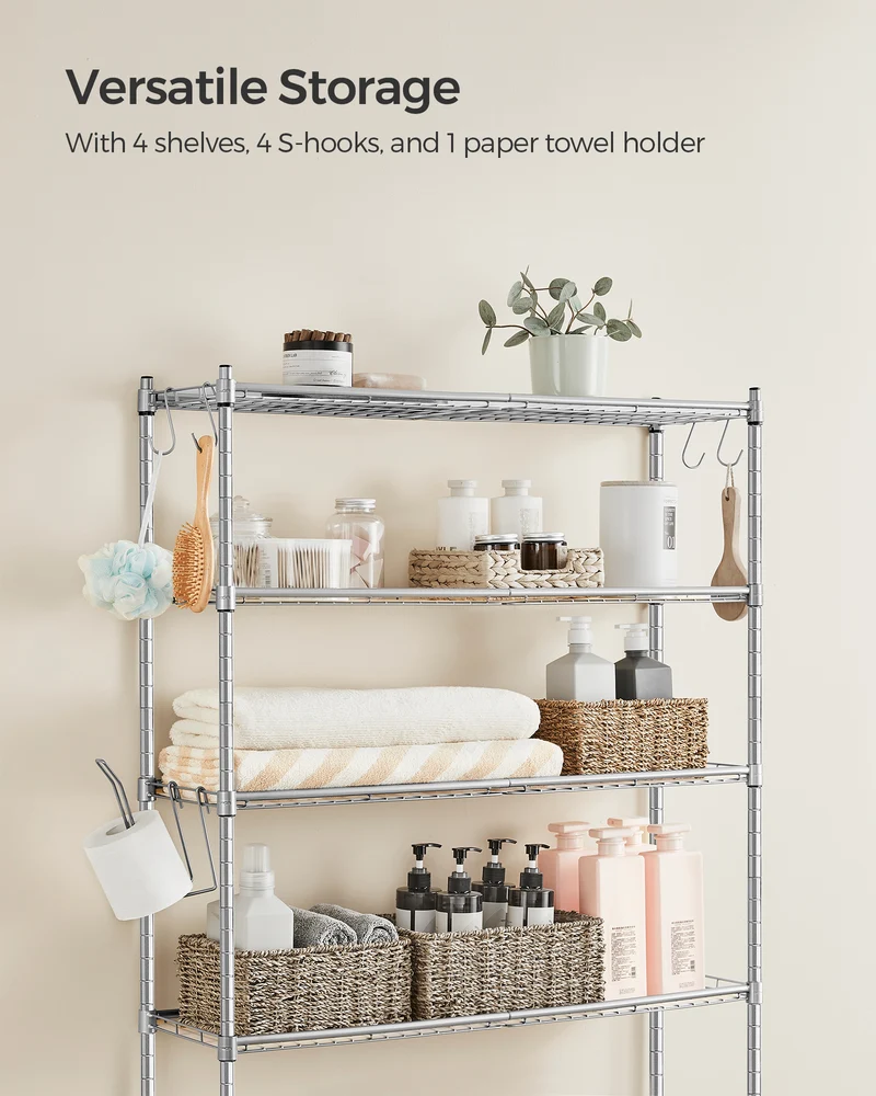 4 Tier Over The Toilet Storage, Metal Storage Rack, Adjustable Shelves, 4 Hooks, Roll Holder, Space-Saving Bathroom Storage Shelf Organizer, 11.8 x 32.7 x 69.3 Inches, Silver