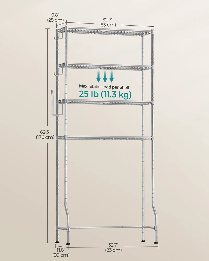 4 Tier Over The Toilet Storage, Metal Storage Rack, Adjustable Shelves, 4 Hooks, Roll Holder, Space-Saving Bathroom Storage Shelf Organizer, 11.8 x 32.7 x 69.3 Inches, Silver