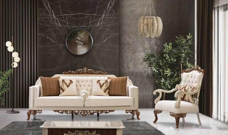 Casa Padrino Luxus Barock Wohnzimmer Set Beige / Grau / Braun / Gold - 2 Sofas & 2 Sessel & 1 Couchtisch - Handgefertigte Wohnzimmer Möbel im Barockstil - Edel & Prunkvoll
