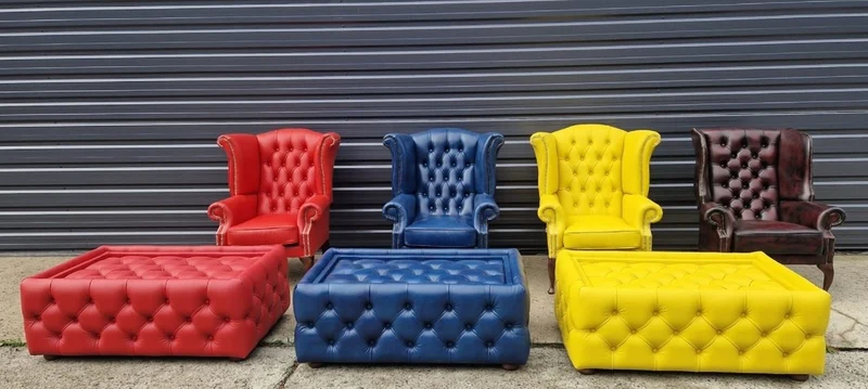Casa Padrino Luxus Chesterfield Ohrensessel Gelb / Dunkelbraun 98 x 90 x H. 110 cm - Echtleder Chesterfield Wohnzimmer Sessel - Wohnzimmer Möbel - Chesterfield Möbel - Luxus Leder Möbel