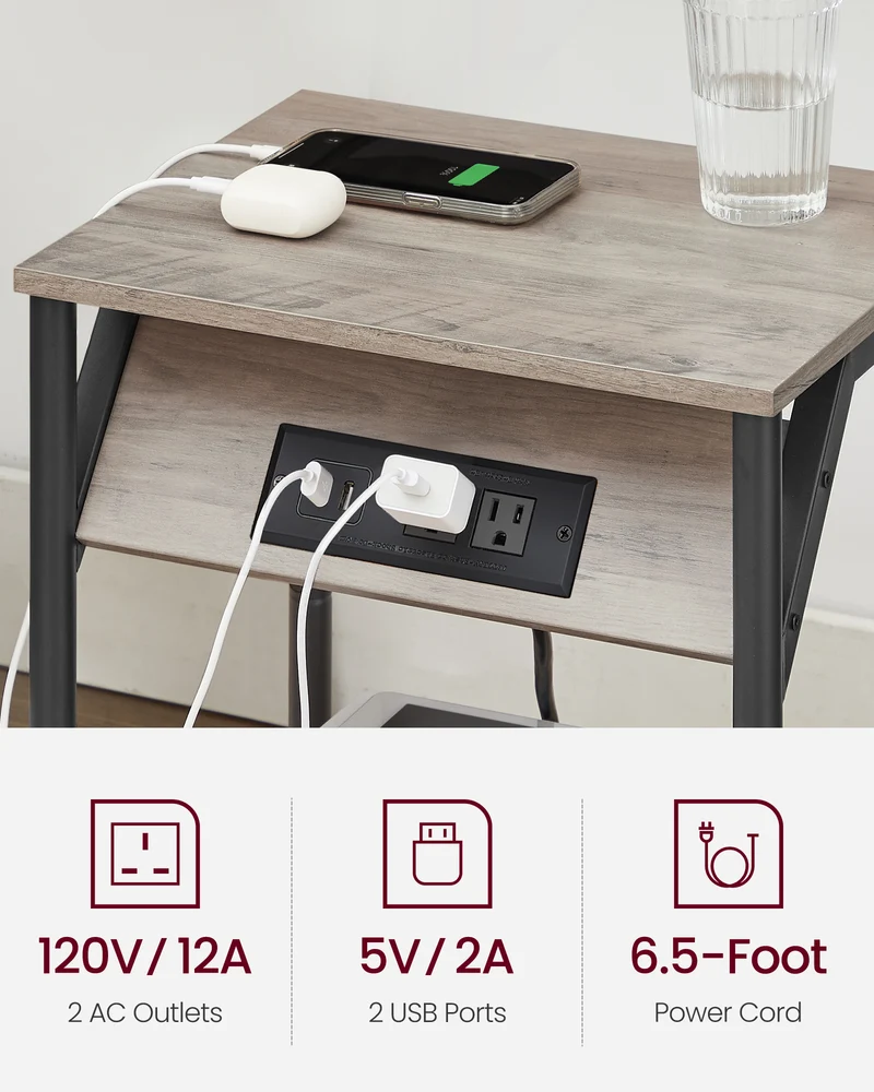 End Table with Charging Station, Small Side Table for Living Room, Bedroom, Nightstand with Outlets and USB Ports, Bedside Table with Storage Shelf, Heather Greige and Black