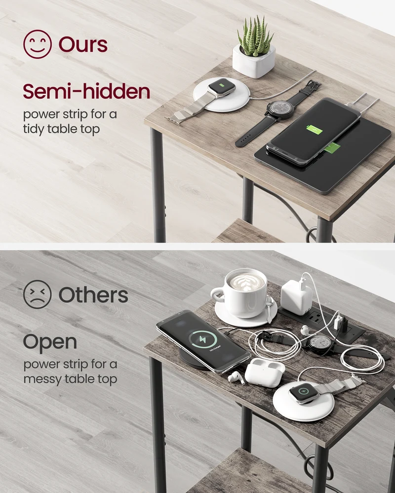 End Table with Charging Station, Small Side Table for Living Room, Bedroom, Nightstand with Outlets and USB Ports, Bedside Table with Storage Shelf, Heather Greige and Black