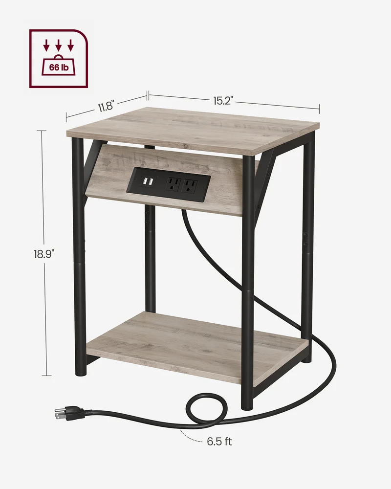 End Table with Charging Station, Small Side Table for Living Room, Bedroom, Nightstand with Outlets and USB Ports, Bedside Table with Storage Shelf, Heather Greige and Black