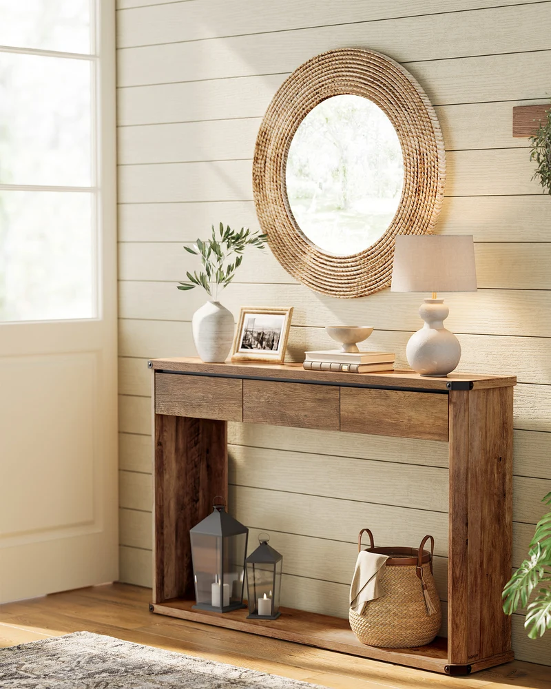 Console Table, 47.2 Inches Sofa Table, Narrow Entryway with 3 Drawers, Bottom Shelf, Metal Corners, for Living Room, Bedroom, Farmhouse Style, Honey Brown