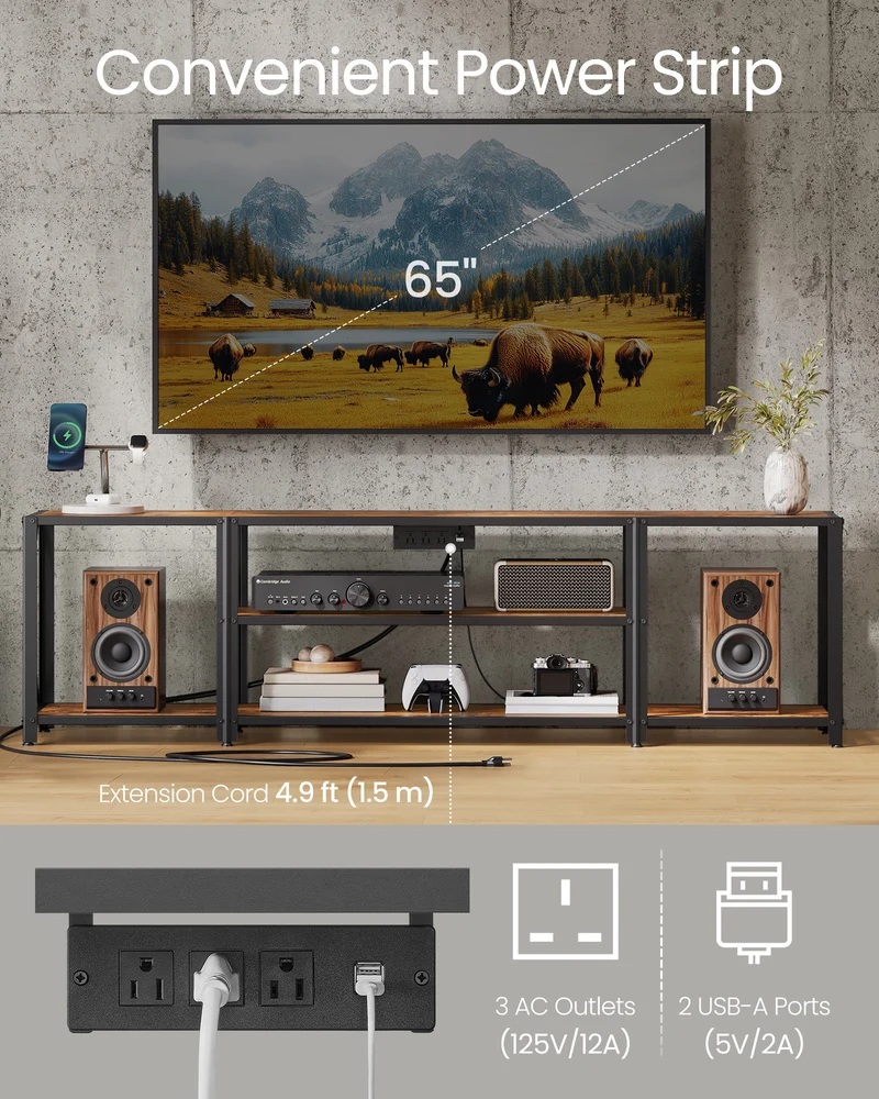 TV Stand With Power Outlets and LED Lights, for TVs up to 75 Inches, Entertainment Center With Open Storage Shelves, Console Table for Living Room, Rustic Brown and Ink Black