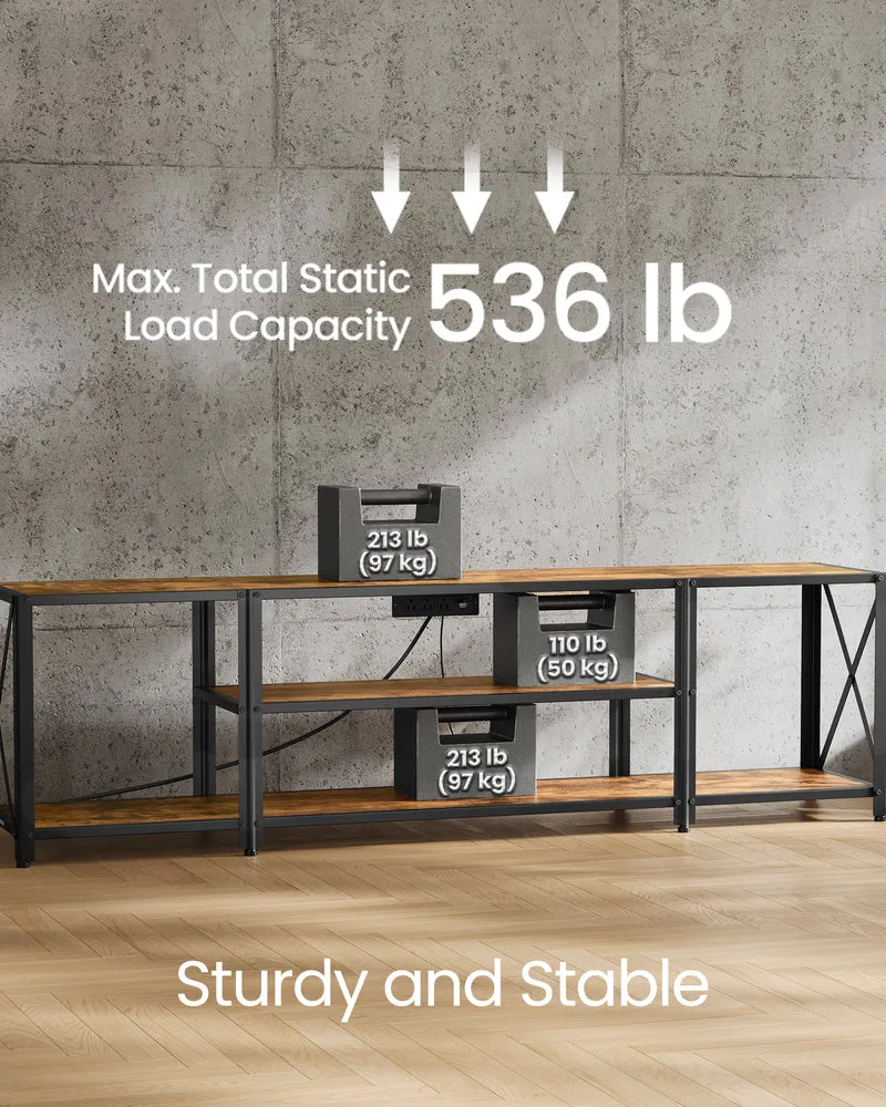 TV Stand With Power Outlets and LED Lights, for TVs up to 75 Inches, Entertainment Center With Open Storage Shelves, Console Table for Living Room, Rustic Brown and Ink Black