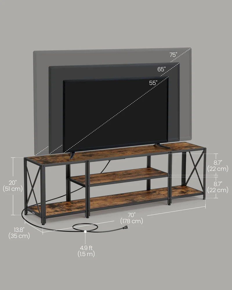 TV Stand With Power Outlets and LED Lights, for TVs up to 75 Inches, Entertainment Center With Open Storage Shelves, Console Table for Living Room, Rustic Brown and Ink Black