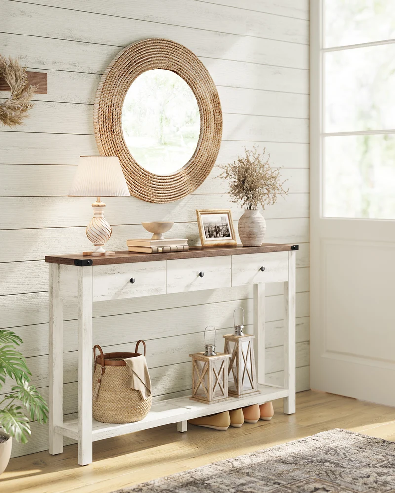 Console Sofa Table, Narrow Entryway Table with 3 Drawers, Open Storage Shelf, Metal Corners, for Living Room, Farmhouse Style, Honey Brown and Rustic White