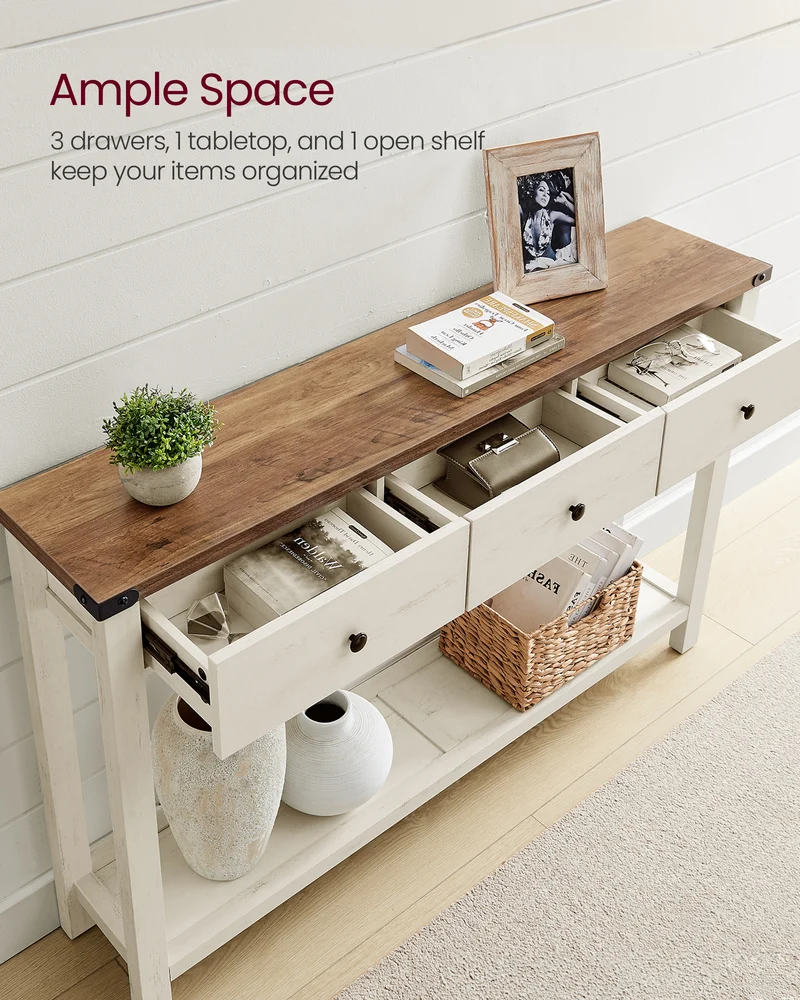 Console Sofa Table, Narrow Entryway Table with 3 Drawers, Open Storage Shelf, Metal Corners, for Living Room, Farmhouse Style, Honey Brown and Rustic White