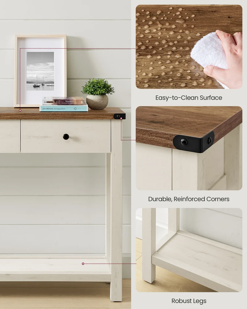 Console Sofa Table, Narrow Entryway Table with 3 Drawers, Open Storage Shelf, Metal Corners, for Living Room, Farmhouse Style, Honey Brown and Rustic White