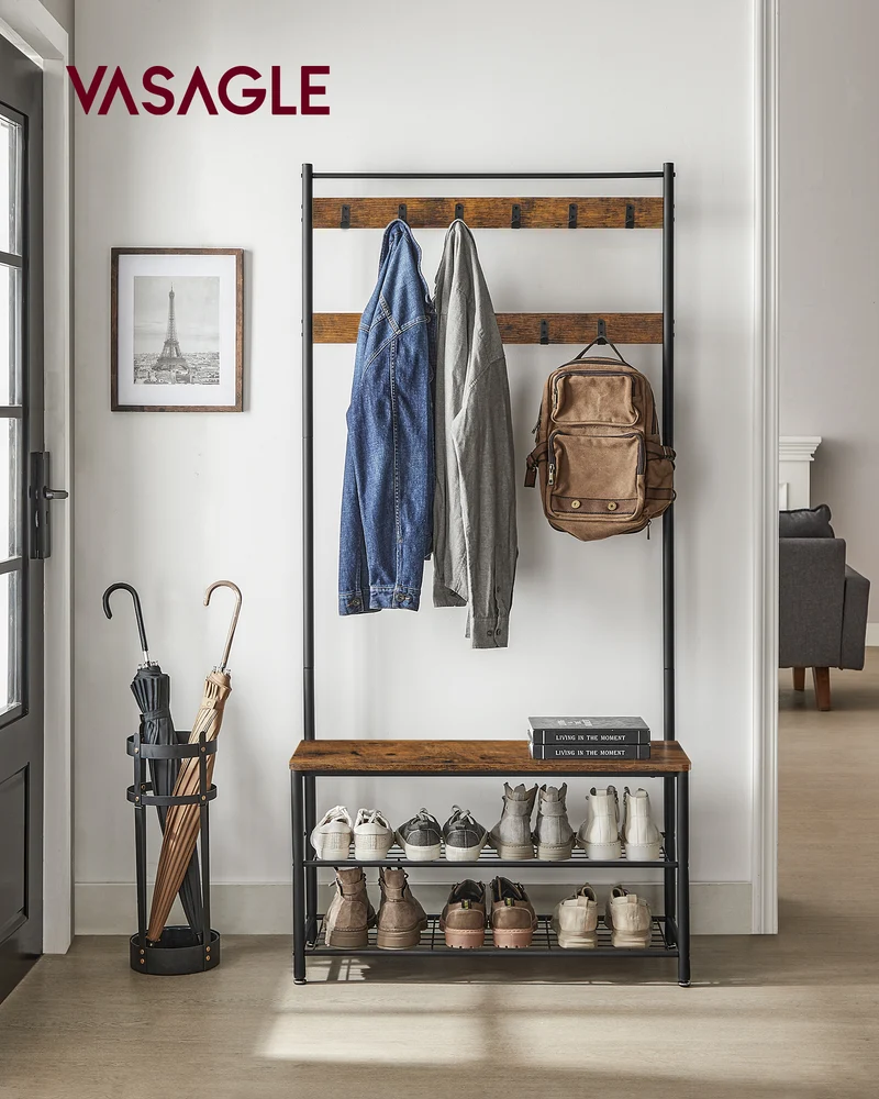 Coat Rack, Hall Tree with Shoe Storage Bench, Entryway Bench with Shoe Storage, 3-in-1, Steel Frame, for Entryway, 12.6 x 33.5 x 68.9 Inches, Industrial, Rustic Brown and Black