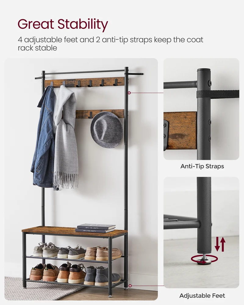 Coat Rack, Hall Tree with Shoe Storage Bench, Entryway Bench with Shoe Storage, 3-in-1, Steel Frame, for Entryway, 12.6 x 33.5 x 68.9 Inches, Industrial, Rustic Brown and Black