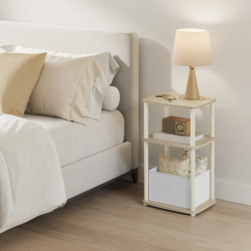 Side Table, 3-Tier Nightstand with Storage, End Table with Fabric Basket, for Bedroom, Living Room, Steel Frame, Superfast Toolless Assembly, Modern, Natural Beige