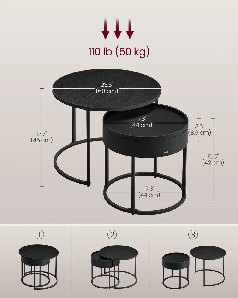 Round Coffee Tables, Set of 2 Nesting Tables, Modern Round Side Tables with Hidden Storage and Top Tray, for Living Room, Bedroom, Office, Ebony Black and Ink Black