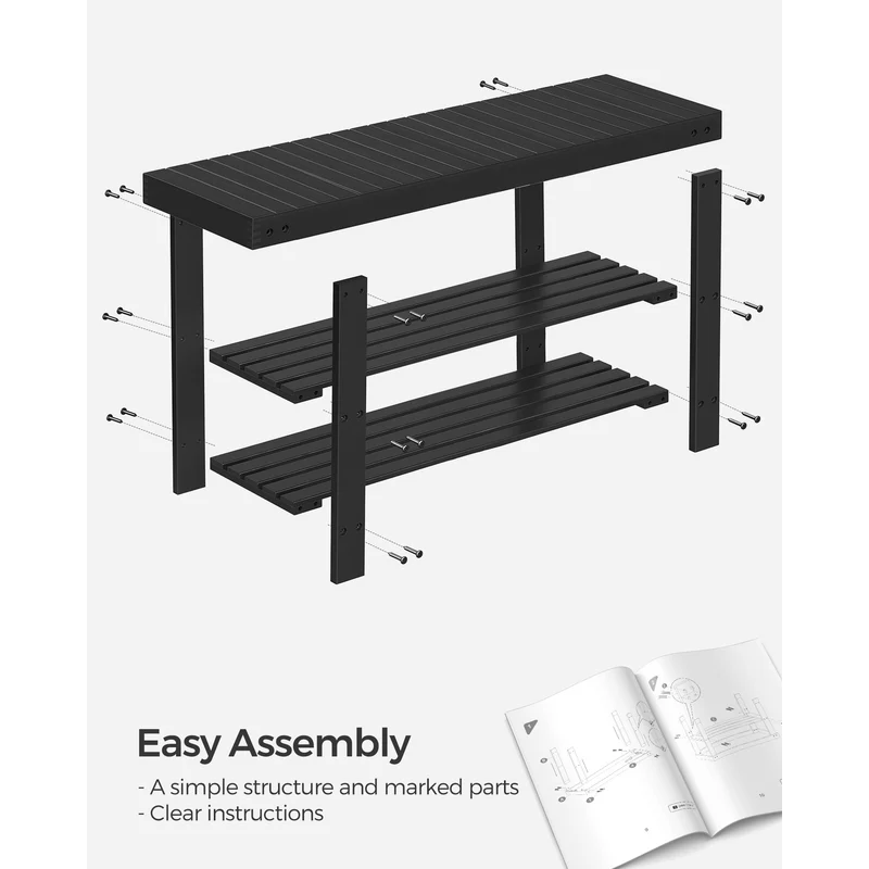 SONGMICS 3-Tier Bamboo Shoe Rack Bench -8 Pair Entryway Shoe Storage Organizer - Holds Up to 286 lb - 11.3 x 35.4 x 17.8 Inches - Black