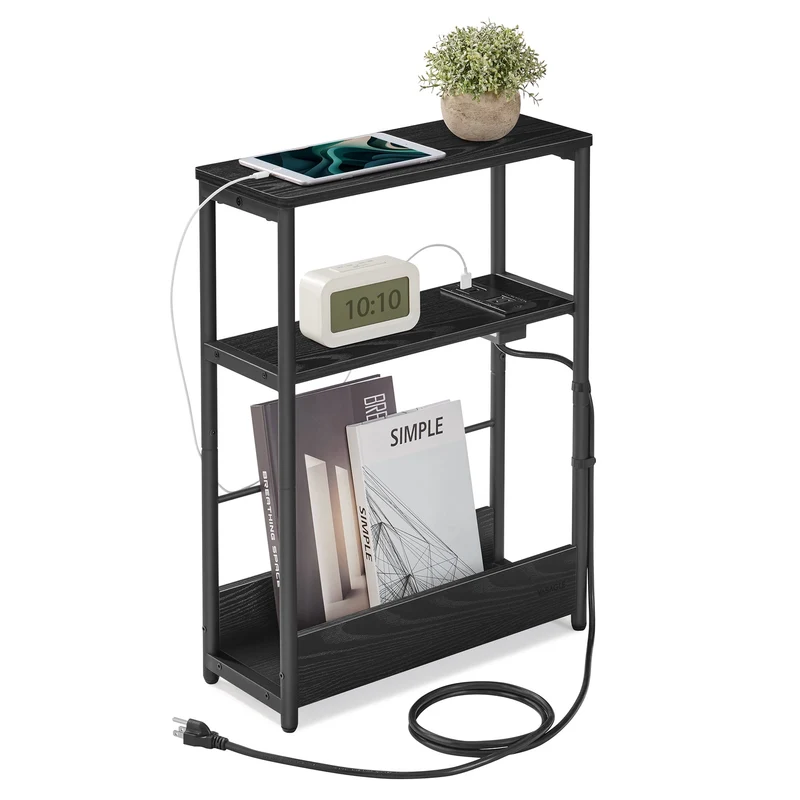 Side Table with Charging Station, Narrow End Table, 3-Tier Nightstand, Sofa Table for Small Spaces, Magazine Rack, for Living Room, Bedroom, Study, Ebony Black and Ink Black