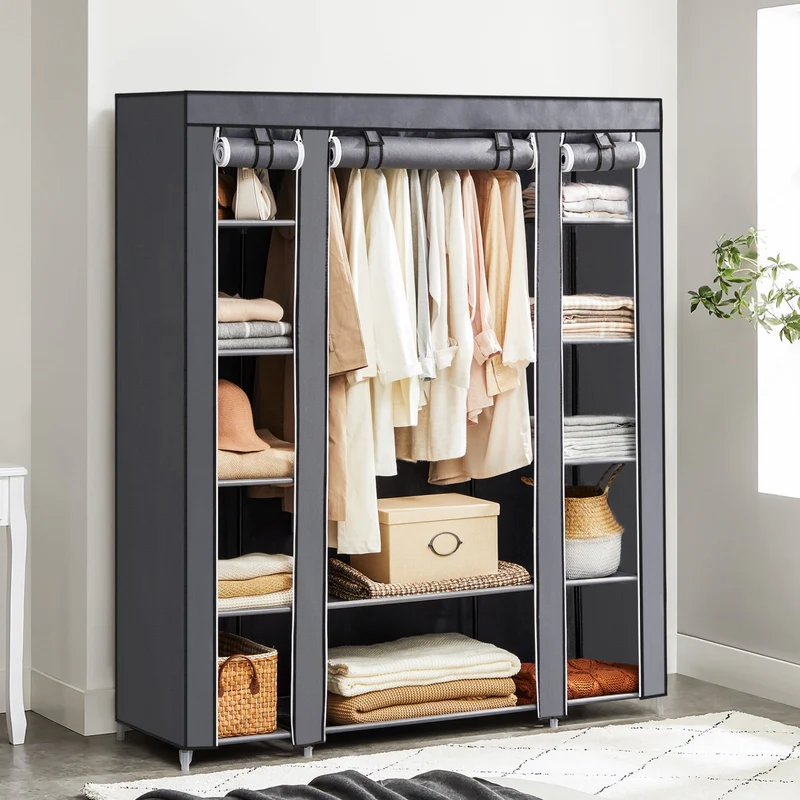 SONGMICS 59" Closet Wardrobe Portable Closet Organizer Storage Clothing Rack Shelf with Non-Woven Fabric Cover for Bedroom Gray
