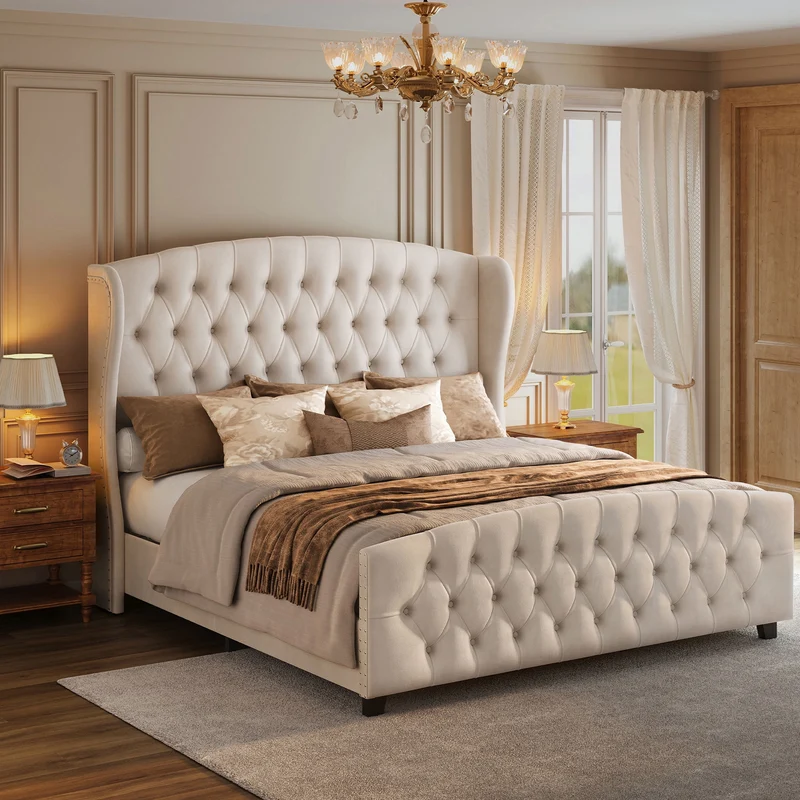King Bed Frame with Tall Headboard, Upholstered Platform Bed Frame King Size, with Wingback Tufted Headboard and Footboard, Wooden Slats, No Box Spring Needed
