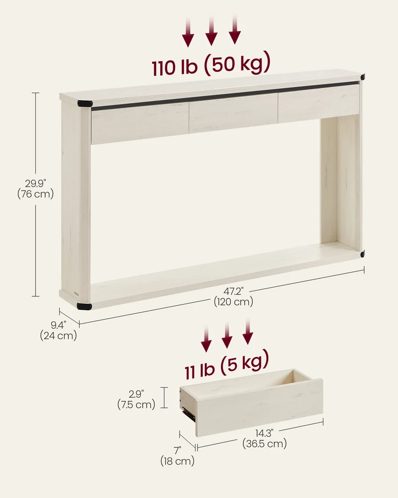 Console Table, 47.2 Inches Sofa Table, Narrow Entryway Table, Entry Table with 3 Drawers, Bottom Shelf, Metal Corners, for Living Room, Bedroom, Farmhouse Style, Rustic White