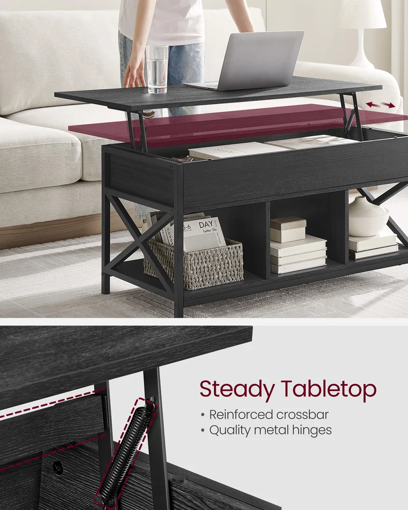 Lift Top Coffee Table, Lift Coffee Table with Storage Shelf, Hidden Compartments and Lifting Top, for Living Room, Office, 19.7 x 39.4 x (19.3-24.4) Inches, Black with Wood Grain