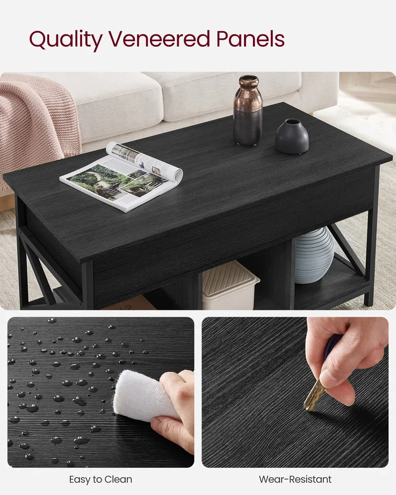 Lift Top Coffee Table, Lift Coffee Table with Storage Shelf, Hidden Compartments and Lifting Top, for Living Room, Office, 19.7 x 39.4 x (19.3-24.4) Inches, Black with Wood Grain