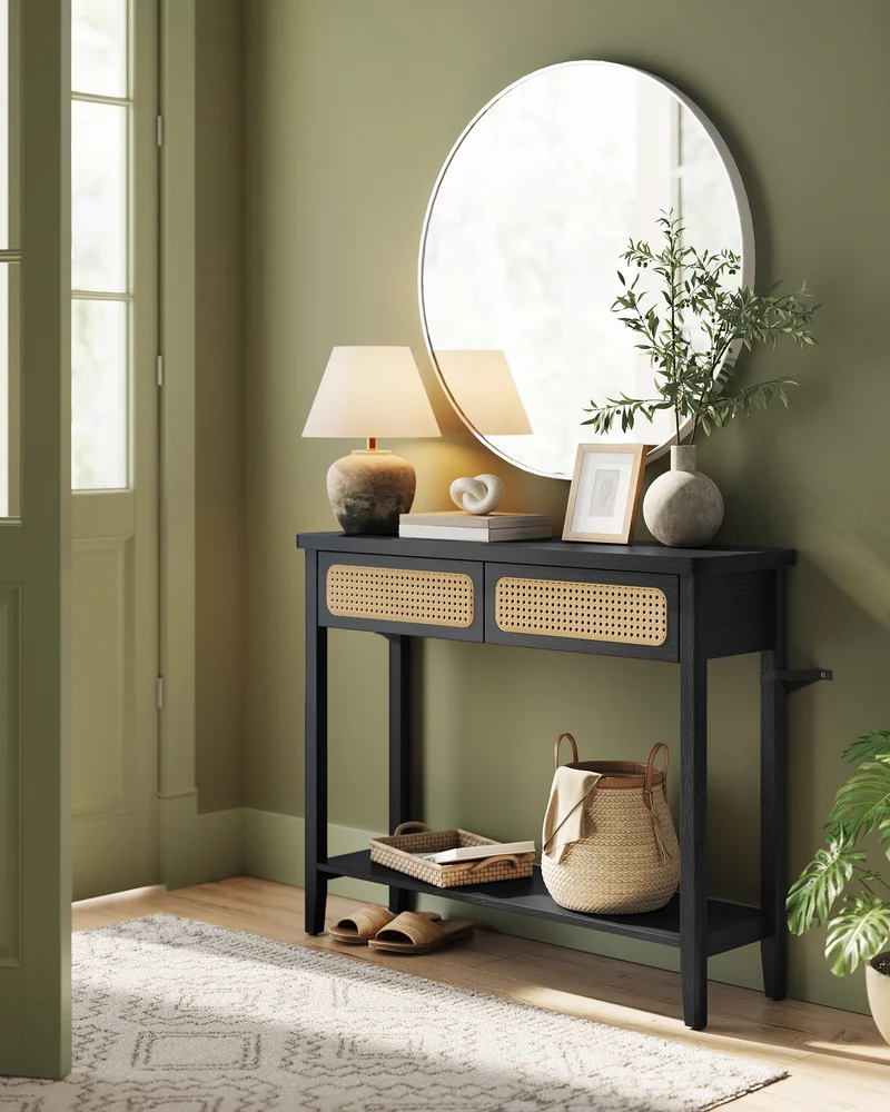 Console Table, Sofa Table, Narrow Entryway Table with 2 Drawers, Open Storage Shelf, Rounded Corners, for Living Room, Boho Style, Ash Black