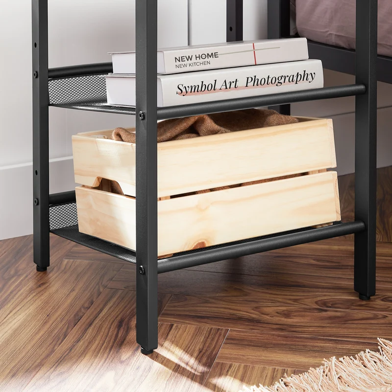 End Table, Nightstand with 2 Adjustable Mesh Shelves, Industrial Side Table for Living Room, Stable Metal Frame, Easy Assembly, Rustic Brown and Black