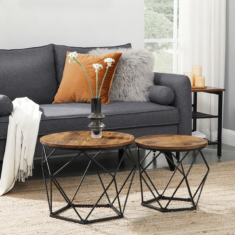 Small Coffee Table Set of 2, Round Coffee Table with Steel Frame, Side End Table for Living Room, Bedroom, Office, Rustic Brown and Ink Black