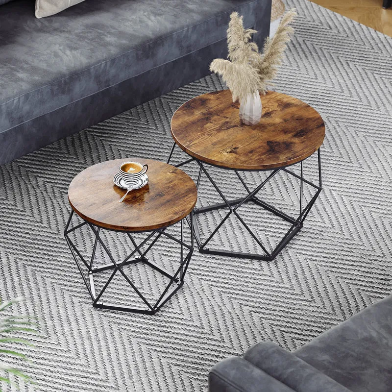 Small Coffee Table Set of 2, Round Coffee Table with Steel Frame, Side End Table for Living Room, Bedroom, Office, Rustic Brown and Ink Black