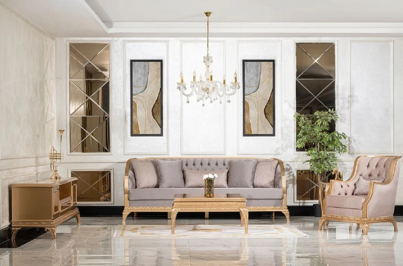 Casa Padrino Luxus Barock Wohnzimmer Set Grau / Braun / Gold - 2 Sofas & 2 Sessel & 1 Couchtisch & 2 Beistelltische - Handgefertigte Luxus Wohnzimmer Möbel im Barockstil - Edel & Prunkvoll