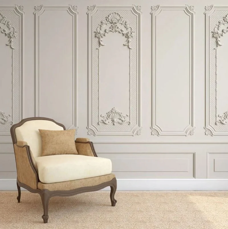 Casa Padrino Luxus Barock Vliestapete Grau - Barockstil Wohnzimmer Tapete mit elegantem Stuck Muster - Wanddeko im Barockstil - Barock Tapeten - Tapeten im Barockstil - Barock Wohnzimmer Deko