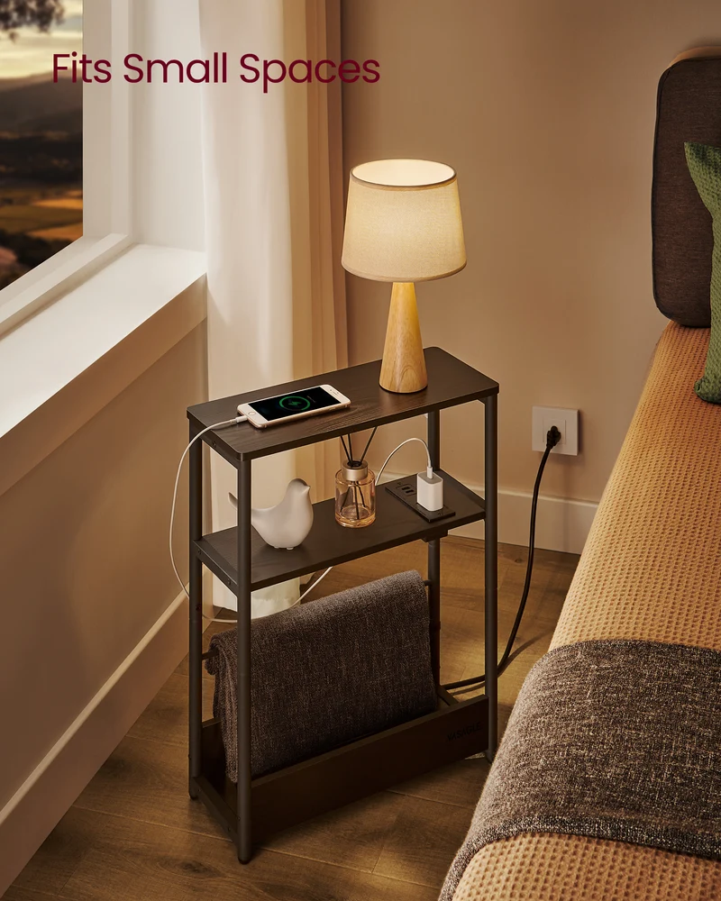 Side Table with Charging Station, Narrow End Table, 3-Tier Nightstand, Sofa Table for Small Spaces, Magazine Rack, for Living Room, Bedroom, Study, Ebony Black and Ink Black
