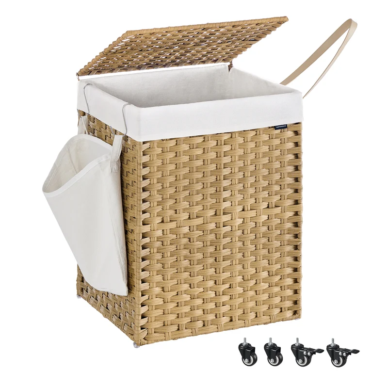 Laundry Hamper with Lid, 31.7 Gallons (120 L), Rolling Laundry Basket with Wheels, Synthetic Rattan, Removable Liner, Bedroom, 18.1 x 15.7 x 26 Inches, Natural Color