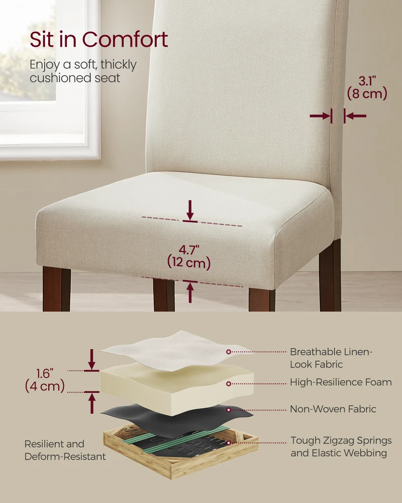 Dining Chairs, Set of 2 Parsons Chairs, Thick Seat, Removable Fabric Cover, High Back, for Kitchen Bedroom, 22.8 x 18.9 x 39.4 Inches, Cream White