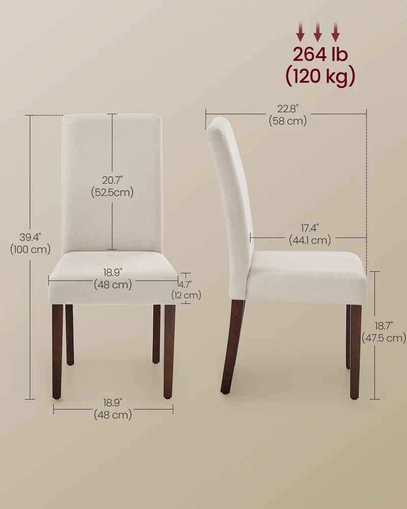 Dining Chairs, Set of 2 Parsons Chairs, Thick Seat, Removable Fabric Cover, High Back, for Kitchen Bedroom, 22.8 x 18.9 x 39.4 Inches, Cream White