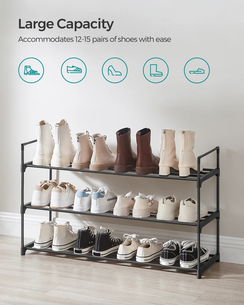 Shoe Rack, 3-Tier Shoe Storage Organizer, Metal Shoe Shelf, 12 to 15 Pairs Shoes, Stackable Shoe Tower for Living Room, Entryway, Hallway, Closet, Black