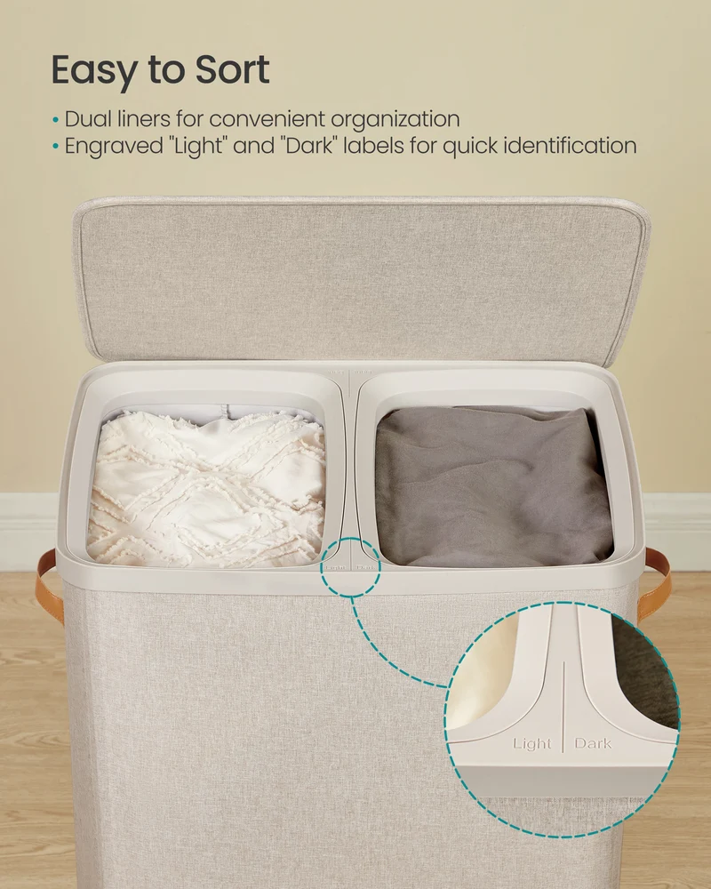 Laundry Basket, 44.9 Gal. Laundry Hamper, 2 Compartments, Easy Assembly, with Lid and Handles, Removable Inner Bags, 22 x 15.7 x 29.5 Inches, Cappuccino Beige