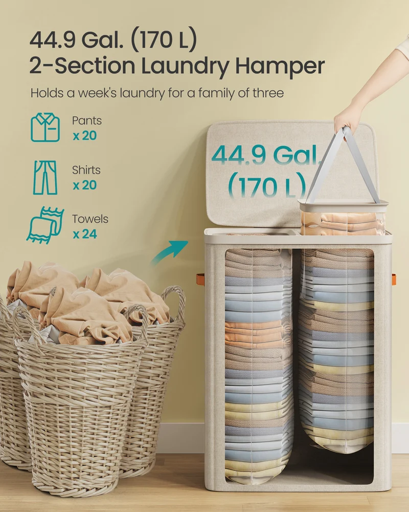 Laundry Basket, 44.9 Gal. Laundry Hamper, 2 Compartments, Easy Assembly, with Lid and Handles, Removable Inner Bags, 22 x 15.7 x 29.5 Inches, Cappuccino Beige