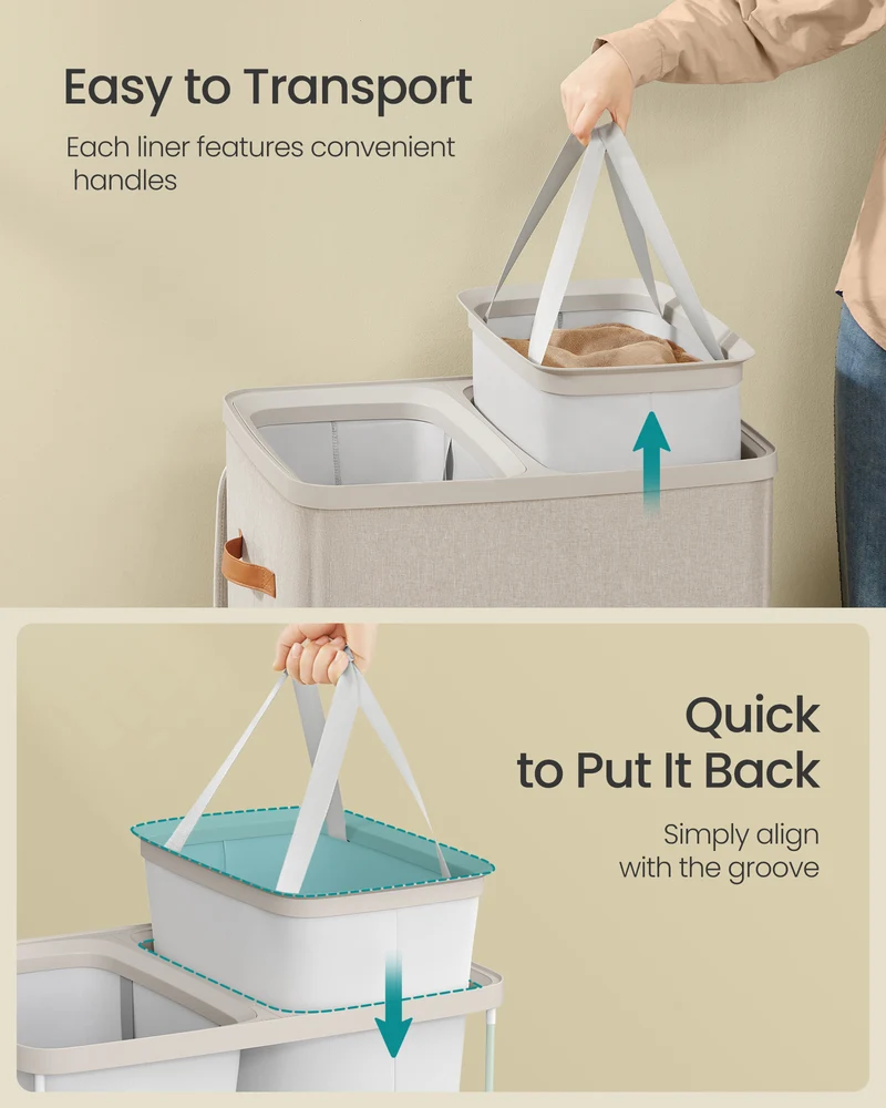 Laundry Basket, 44.9 Gal. Laundry Hamper, 2 Compartments, Easy Assembly, with Lid and Handles, Removable Inner Bags, 22 x 15.7 x 29.5 Inches, Cappuccino Beige