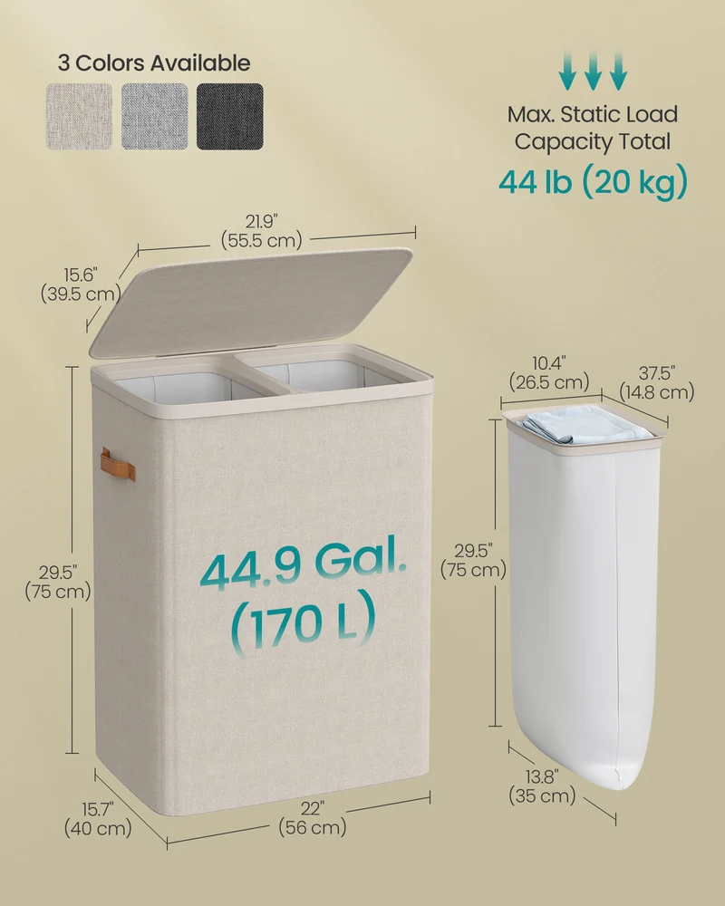 Laundry Basket, 44.9 Gal. Laundry Hamper, 2 Compartments, Easy Assembly, with Lid and Handles, Removable Inner Bags, 22 x 15.7 x 29.5 Inches, Cappuccino Beige