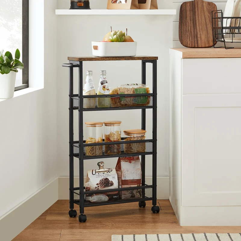 Rolling Cart, 4-Tier Utility Cart, Storage Cart with Handle, Metal Frame, for Kitchen, Dining Room, Living Room, Home Office, Rustic Brown and Black