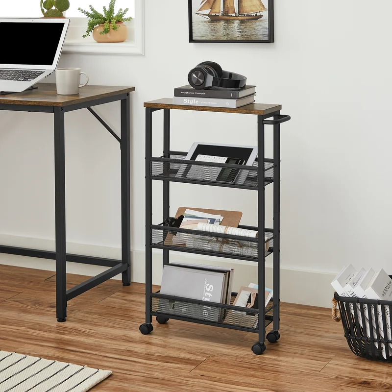 Rolling Cart, 4-Tier Utility Cart, Storage Cart with Handle, Metal Frame, for Kitchen, Dining Room, Living Room, Home Office, Rustic Brown and Black