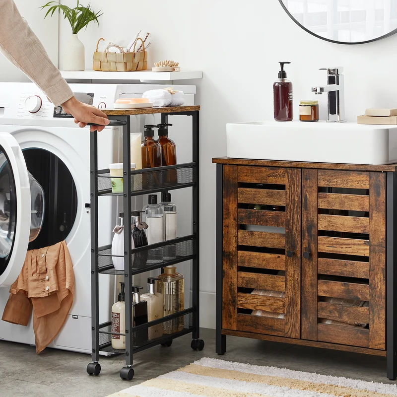 Rolling Cart, 4-Tier Utility Cart, Storage Cart with Handle, Metal Frame, for Kitchen, Dining Room, Living Room, Home Office, Rustic Brown and Black
