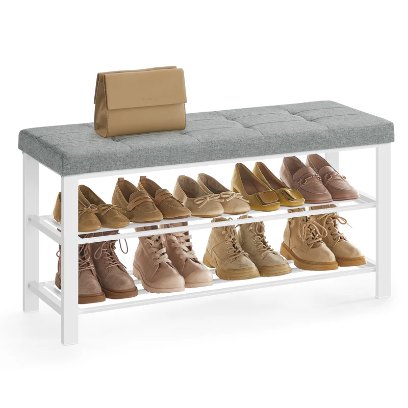 SONGMICS Shoe Bench, 3-Tier Shoe Rack for Entryway, Storage Organizer with Foam Padded Seat, Linen, Metal Frame, for Living Room, Hallway, 12.2 x 39.4 x 19.3 Inches